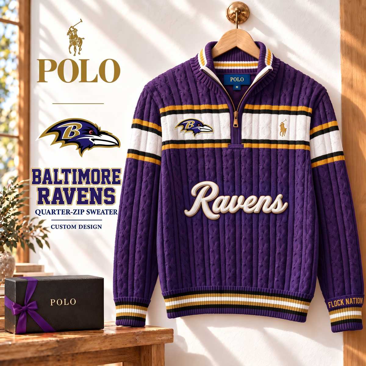 BAL X PREMIUM NFL Varsity Cable-Knit Quarter-Zip Sweater
