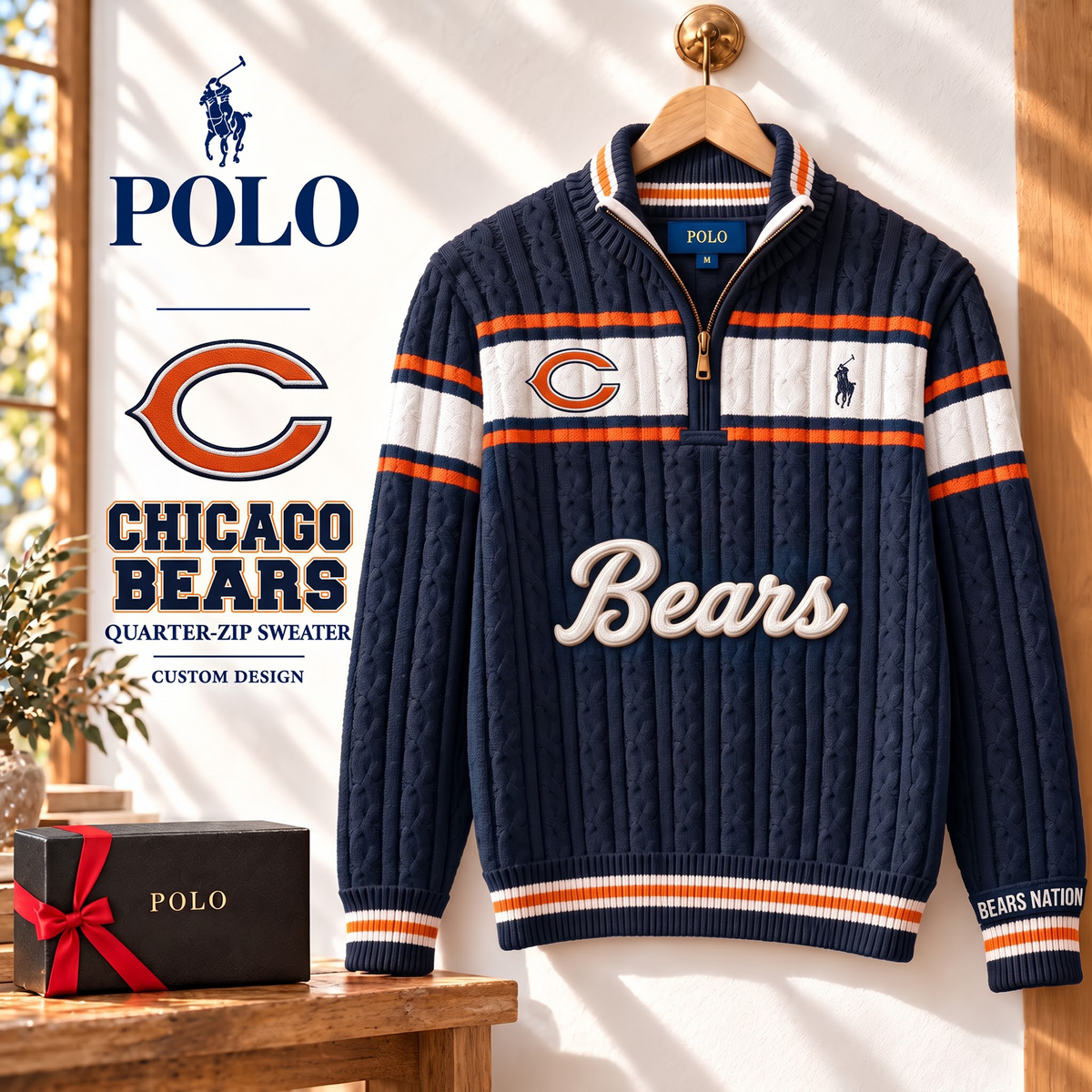 CHI X PREMIUM NFL Varsity Cable-Knit Quarter-Zip Sweater