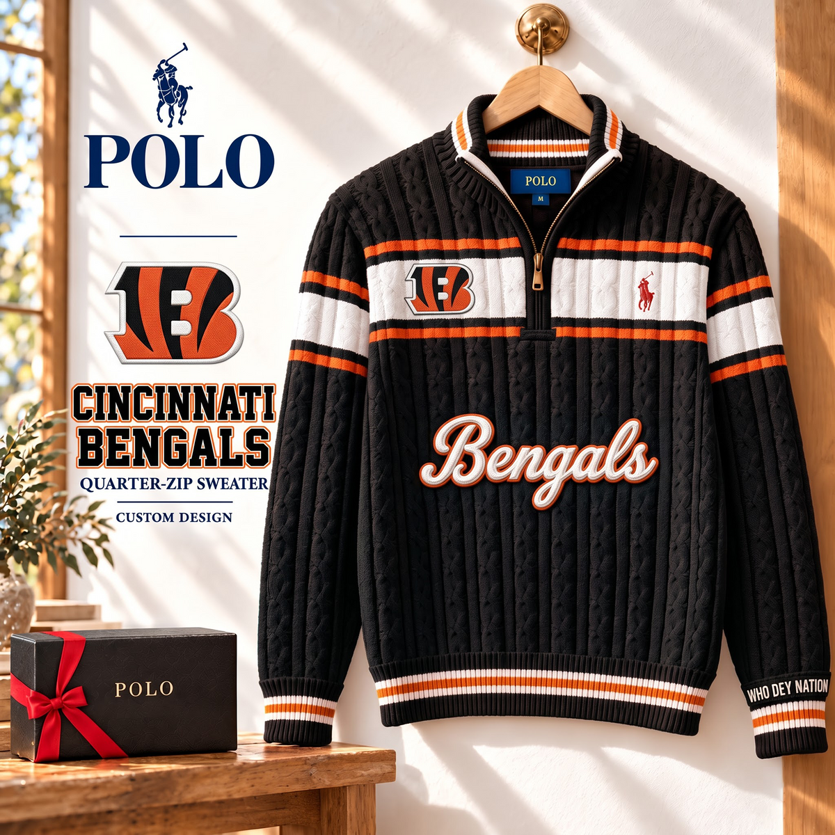 CIN X PREMIUM NFL Varsity Cable-Knit Quarter-Zip Sweater