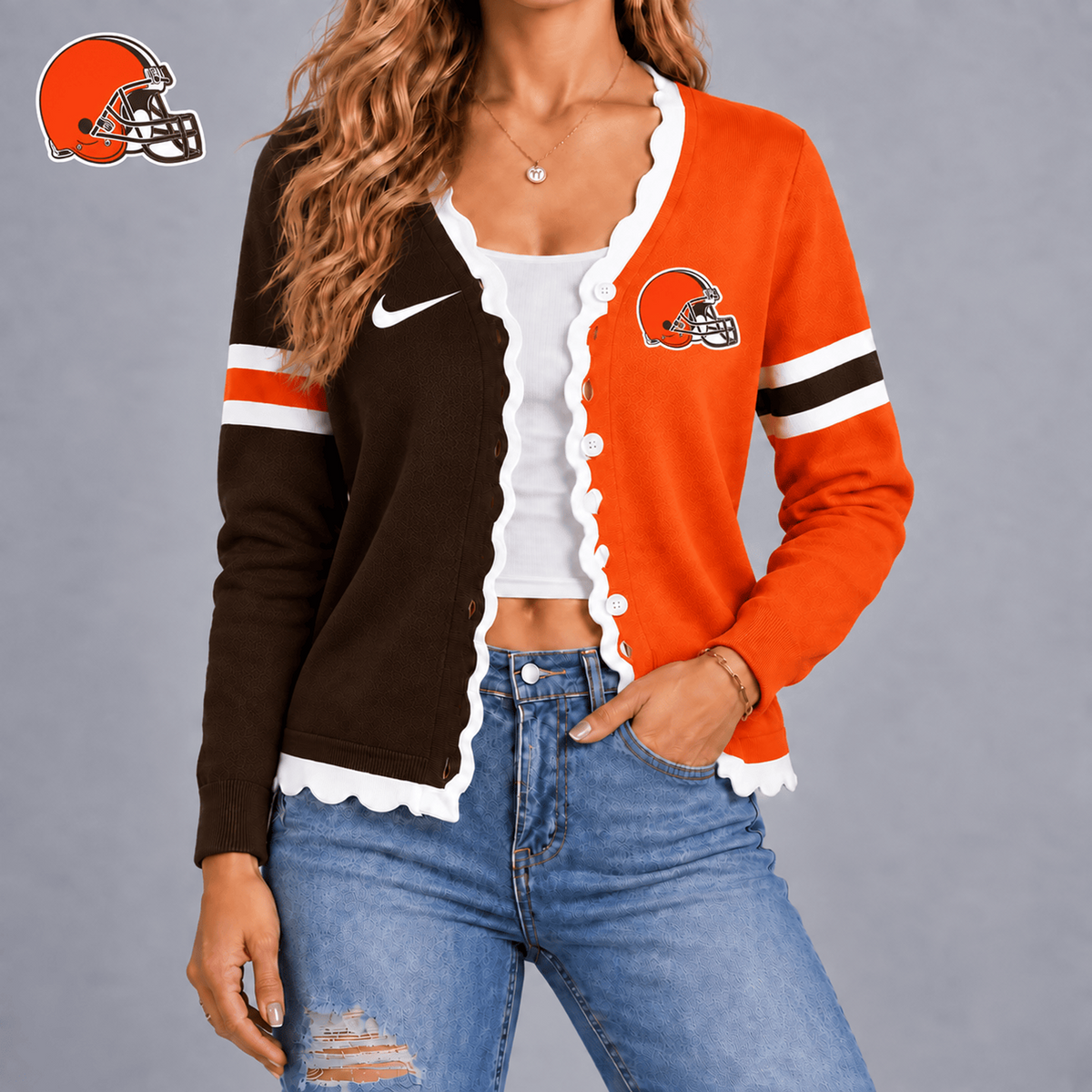 CLE X Premium NFL Varsity Stripe Button Cardigan