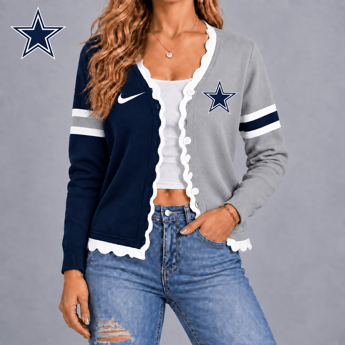 DAL X Premium NFL Varsity Stripe Button Cardigan