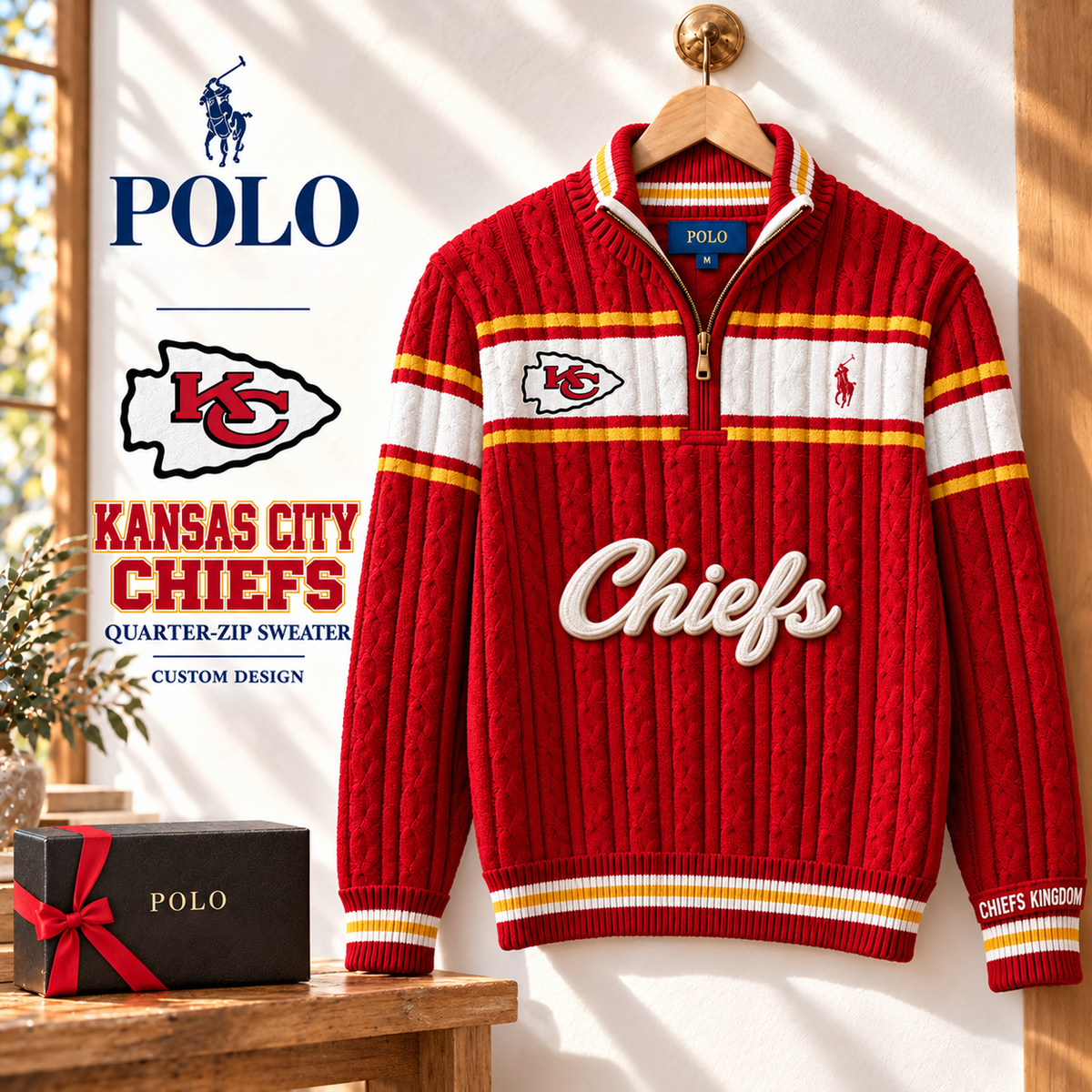 KC X PREMIUM NFL Varsity Cable-Knit Quarter-Zip Sweater
