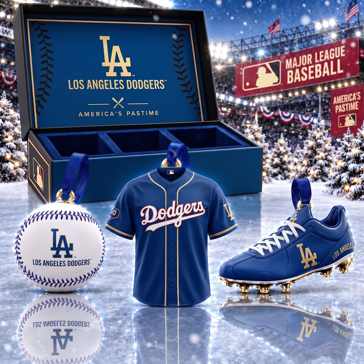 LAD X MLB Holiday Collector Ornament Box - 3-Piece Baseball Ornament Set