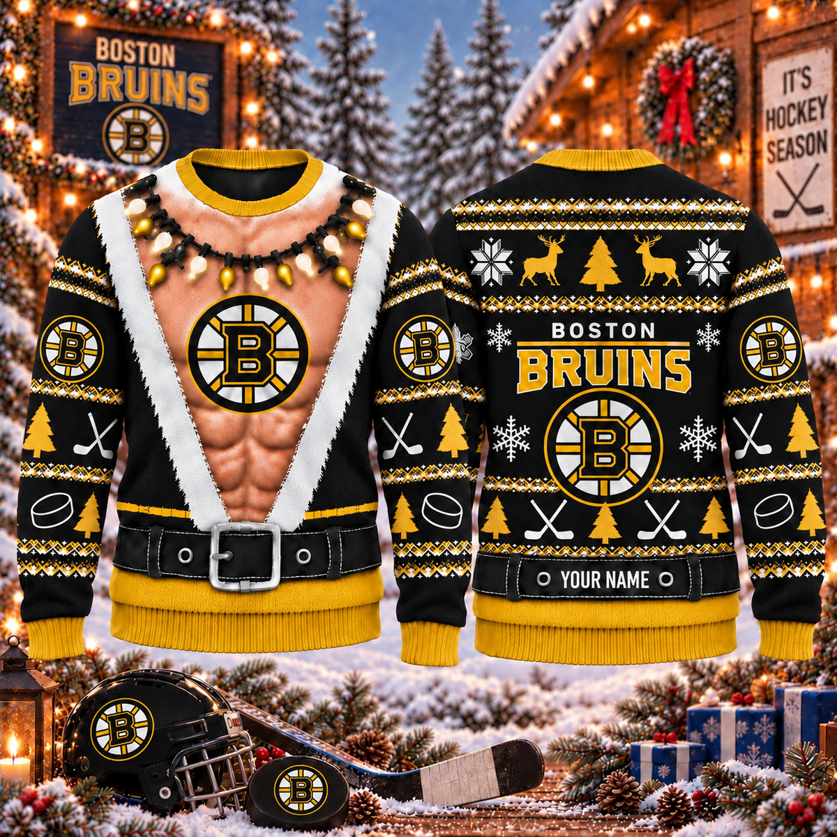 NHL x BOS Christmas Personalized Name Ugly Sweater