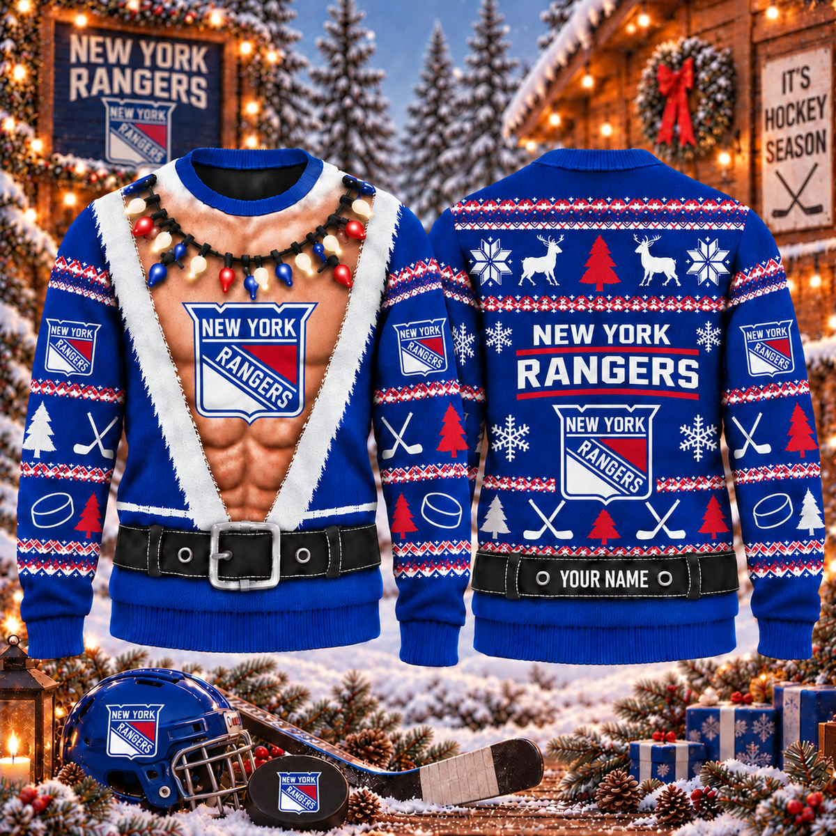 NHL x NYR Christmas Personalized Name Ugly Sweater