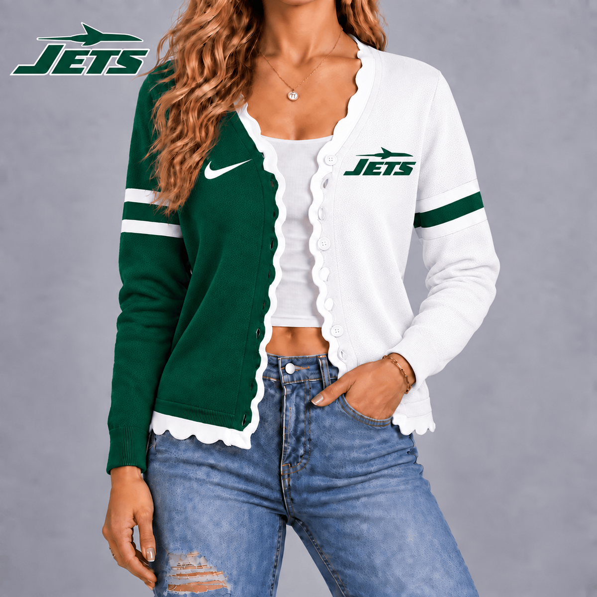 NYJ X Premium NFL Varsity Stripe Button Cardigan
