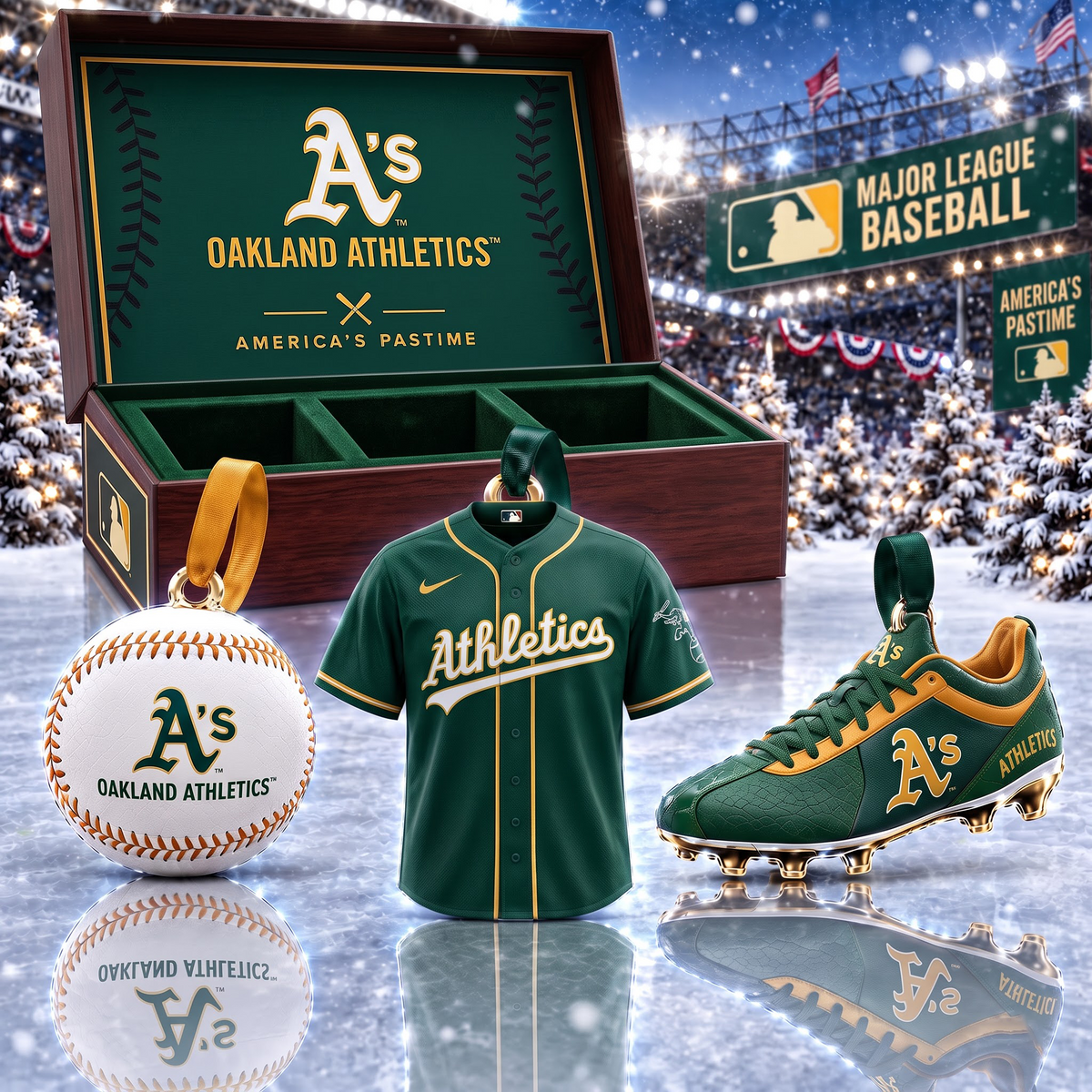 OAK X MLB Holiday Collector Ornament Box - 3-Piece Baseball Ornament Set