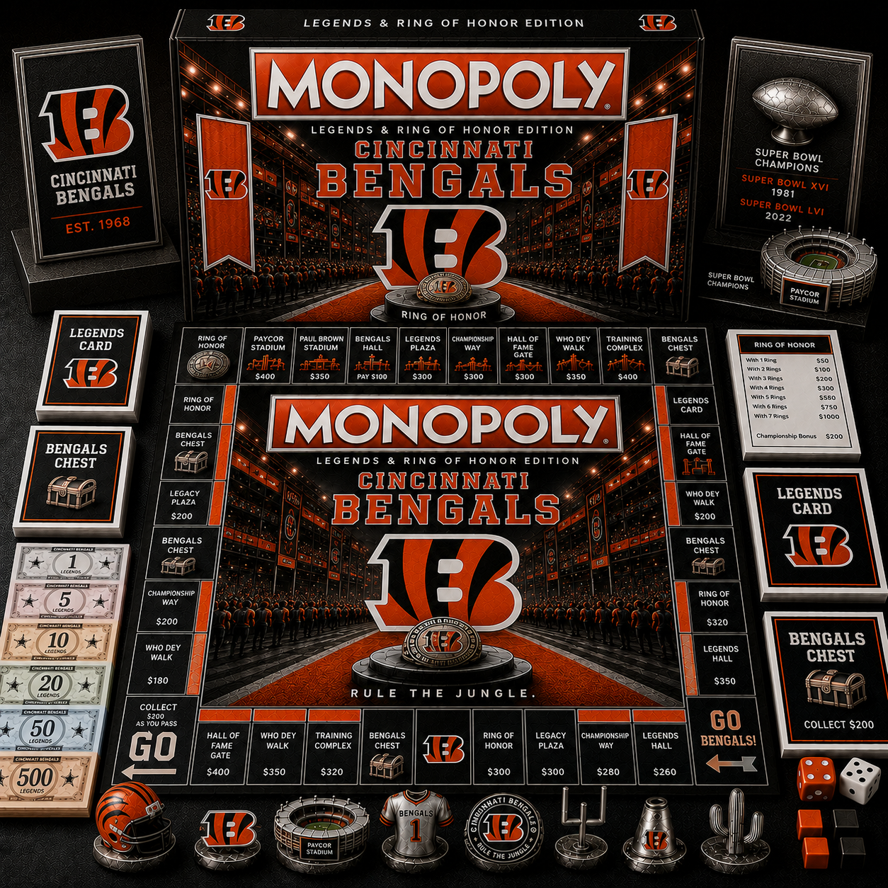 Premium NFL CIN Legends & Ring Monopoly Collector’s Edition Board Game V9