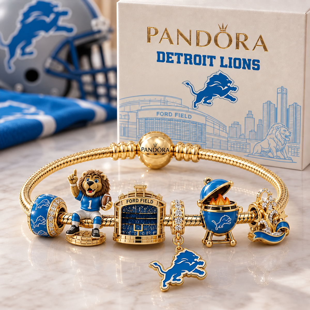 Premium NFL DET Heritage Gold Charm Bracelet Set V3