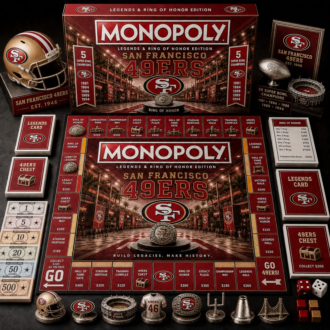 Premium NFL SF49 Legends & Ring Monopoly Collector’s Edition Board Game V9