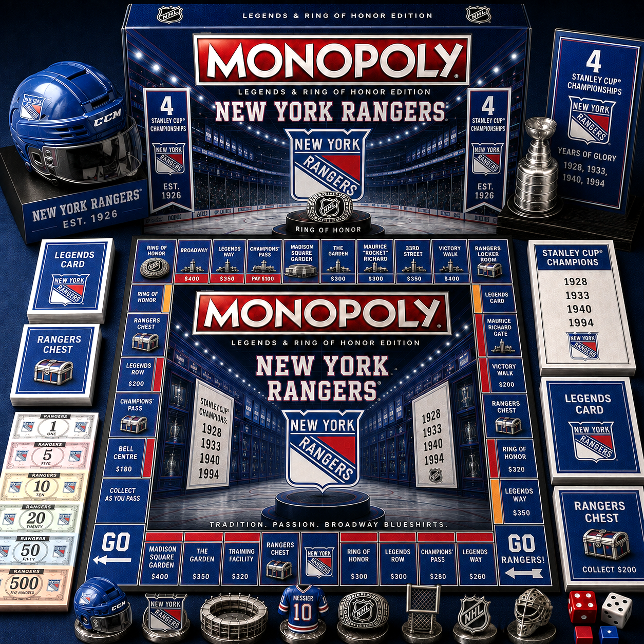 Premium NHL NYR Legends & Ring Monopoly Collector’s Edition Board Game V9