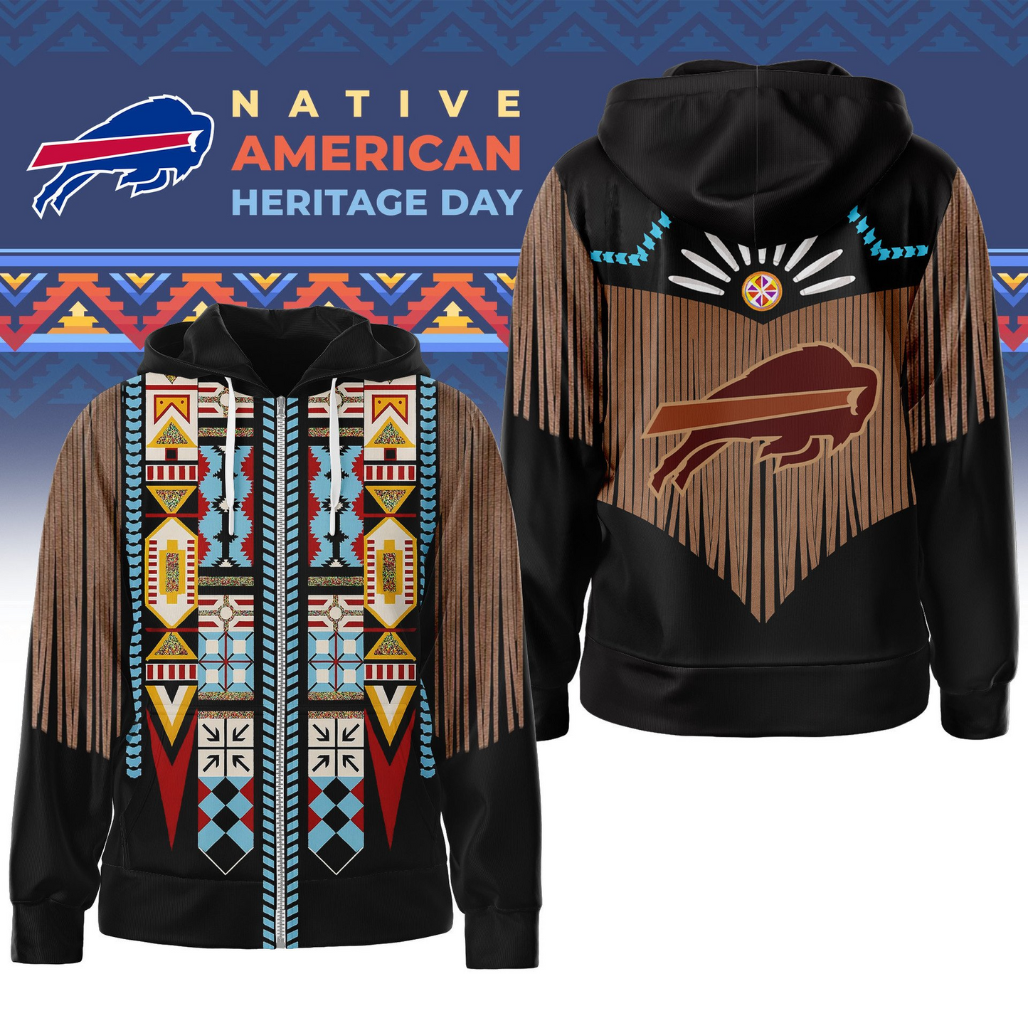 Premium NFL X BUF Native American Pattern 3D Zip Hoodie NDT TDT 221125