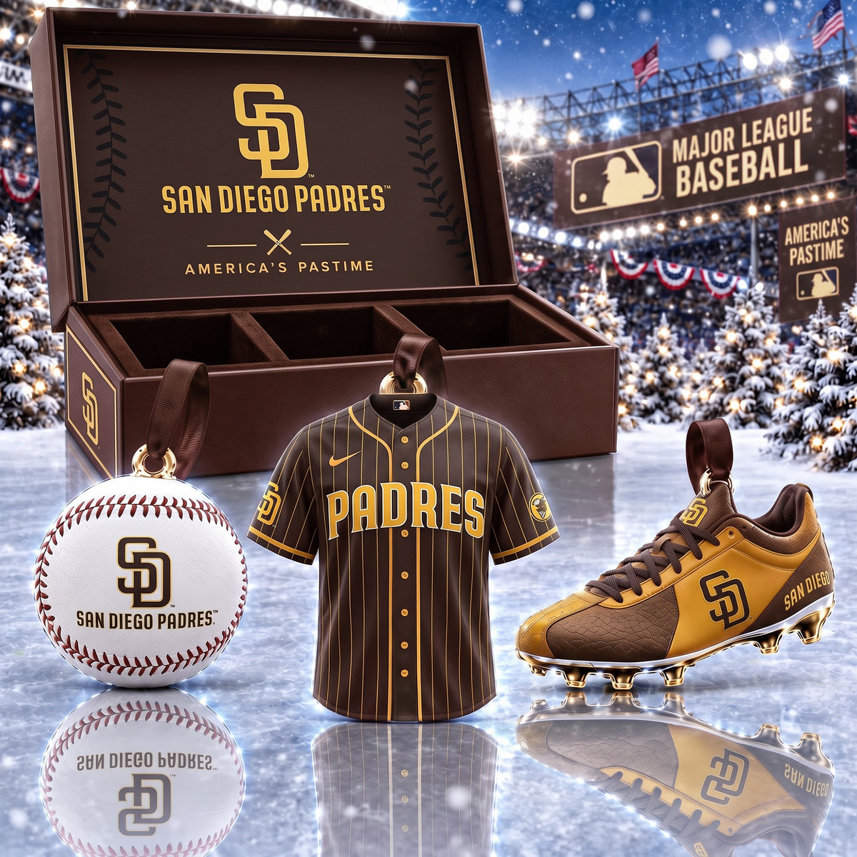 SD X MLB Holiday Collector Ornament Box - 3-Piece Baseball Ornament Set
