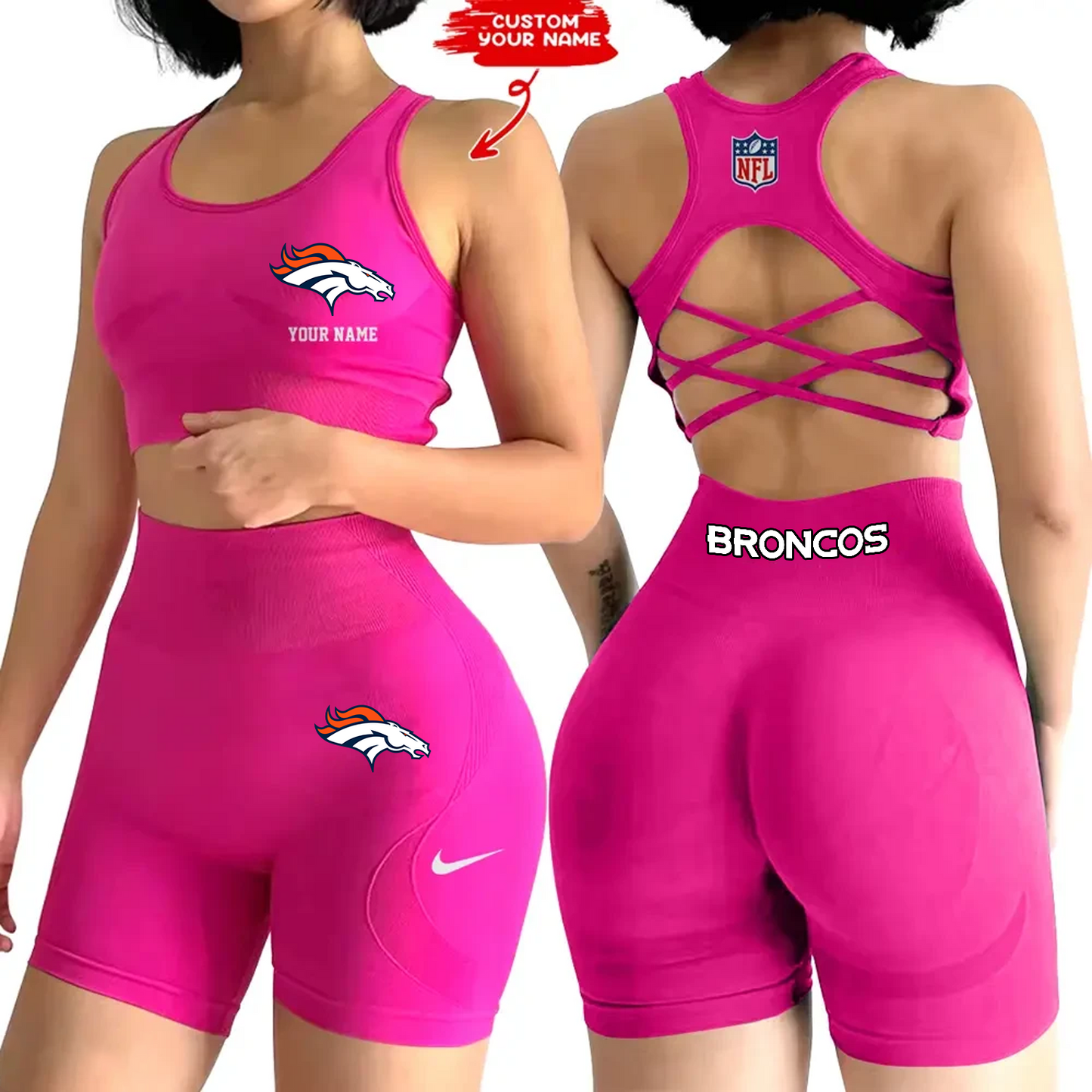 DEN x NFL 2-PCS Women's Seamless Yoga Set Sexy Sport Bra High Waist Sports Shorts DATND TANTD