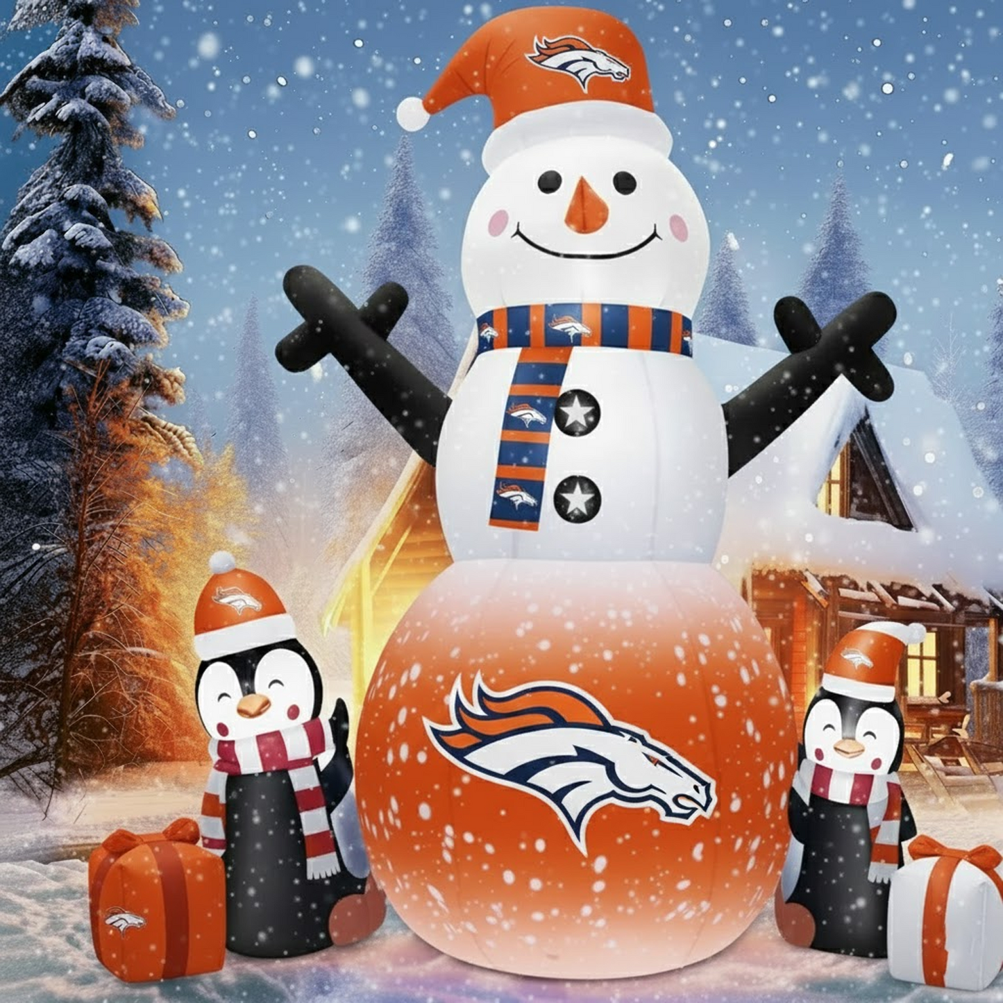DEN X NFL Inflatable Snowman Decoration with Penguin Companions NAK NHT