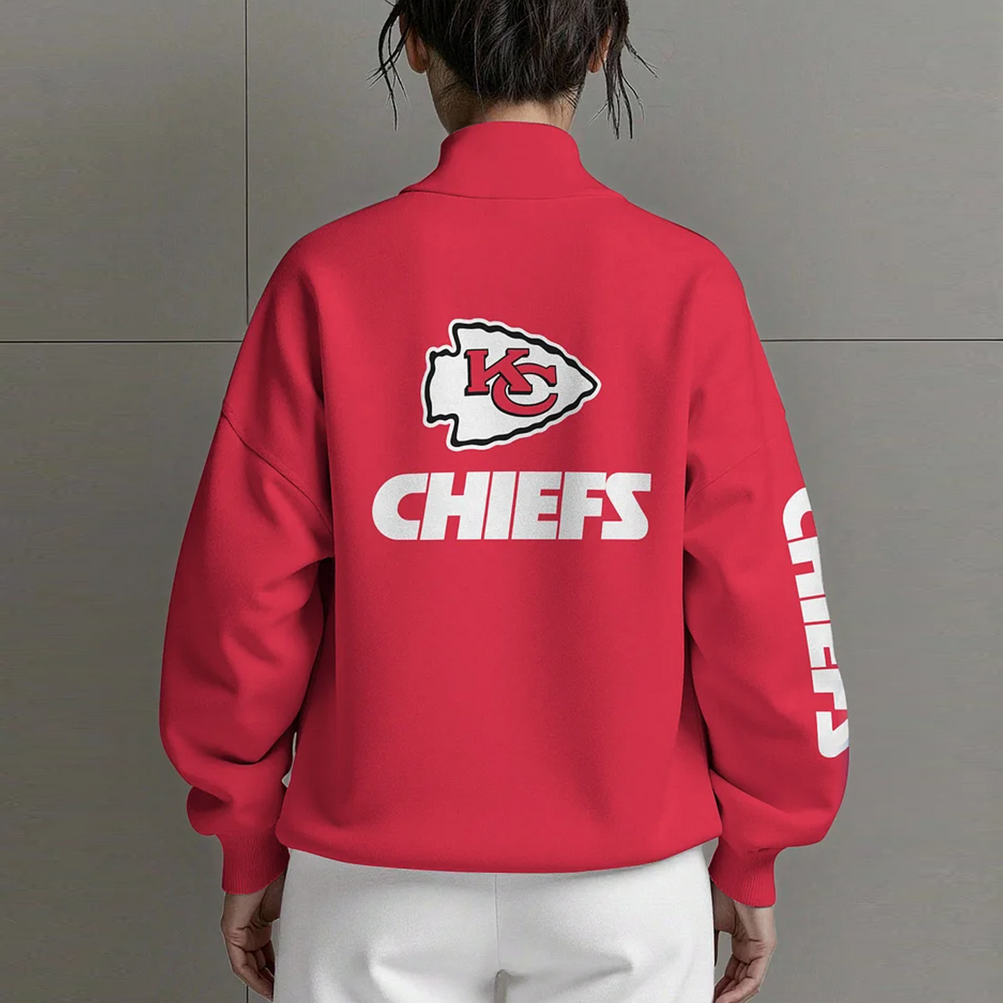 KC X NFL Women Plain Color Zip Up Long Sleeve Sweatshirt NAK NHT