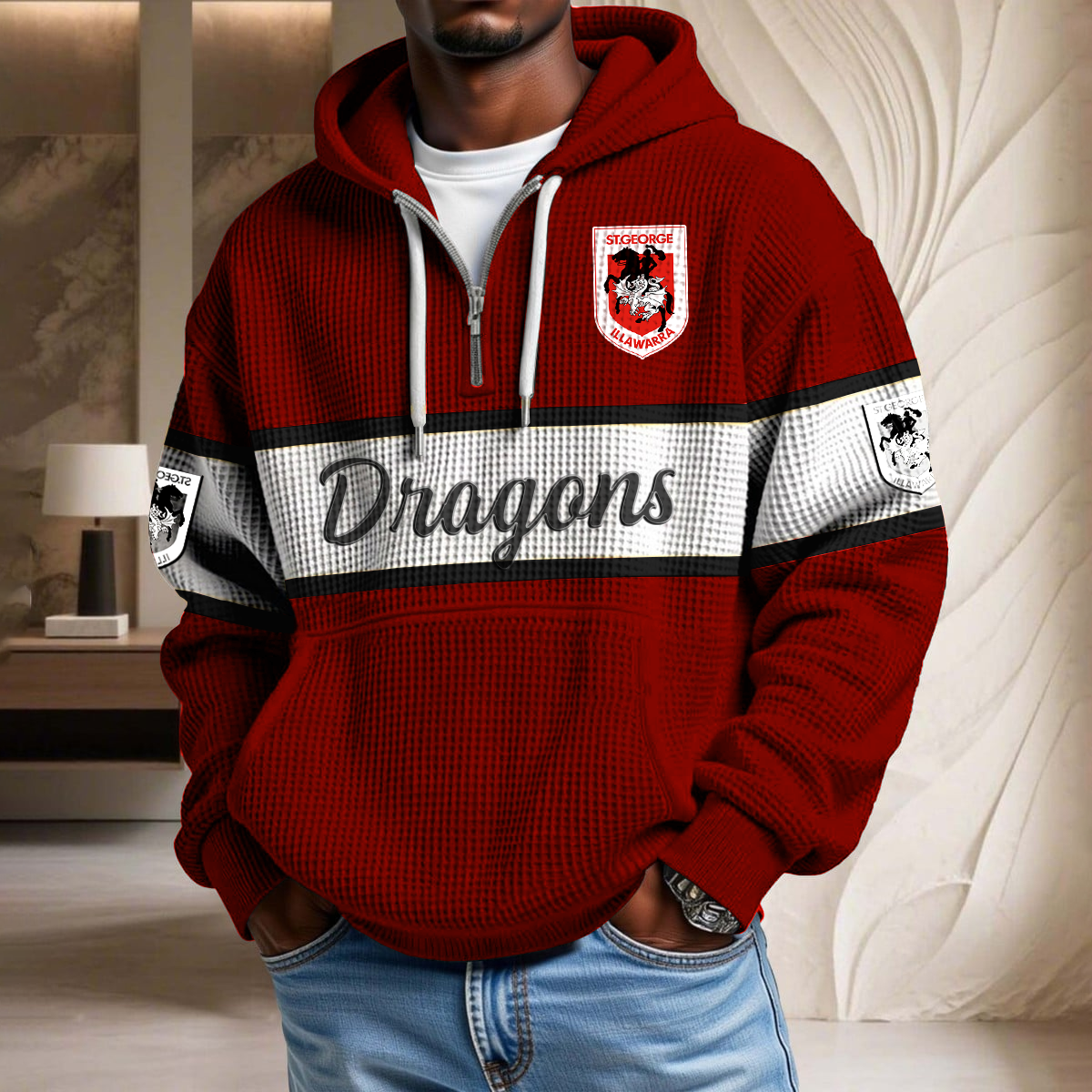 NRL x DRAGONS Rugby Team Waffle Half Zip Hoodie HLP HLPHUONG