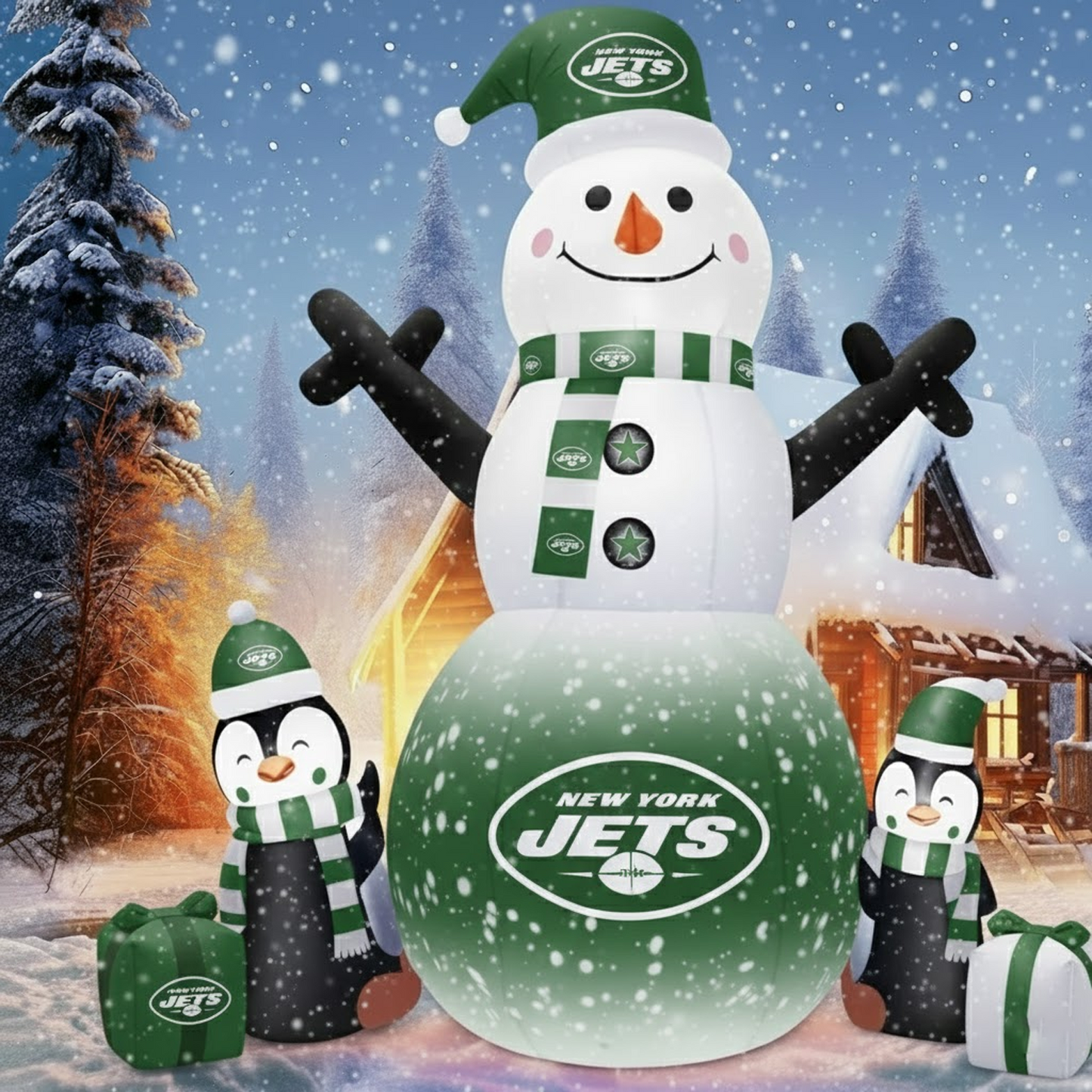 NYJ X NFL Inflatable Snowman Decoration with Penguin Companions NAK NHT