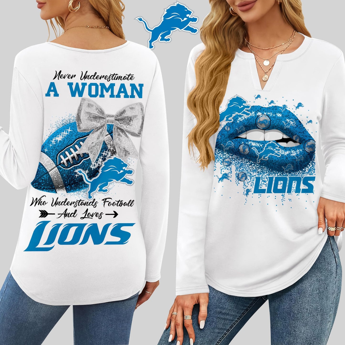 Premium NFL DET X V-neck Long Sleeve Shirt NDT NHM