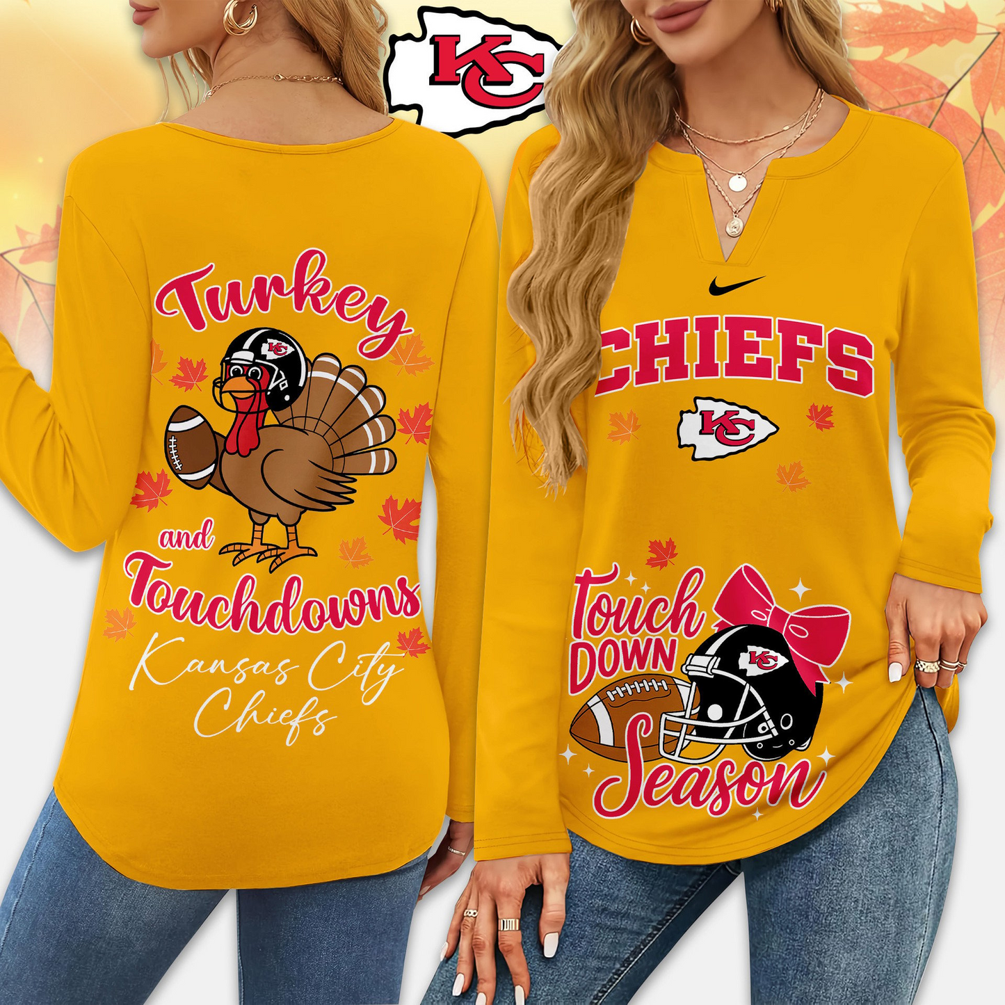 Premium NFL x KCC Turkey and Touchdowns V-neck Long Sleeve Shirt NDT NHM