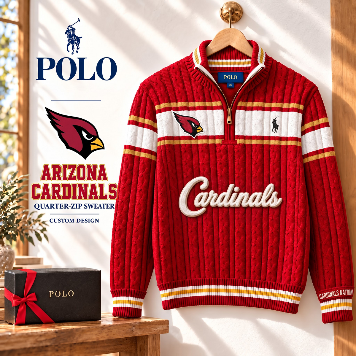 ARI X PREMIUM NFL Varsity Cable-Knit Quarter-Zip Sweater