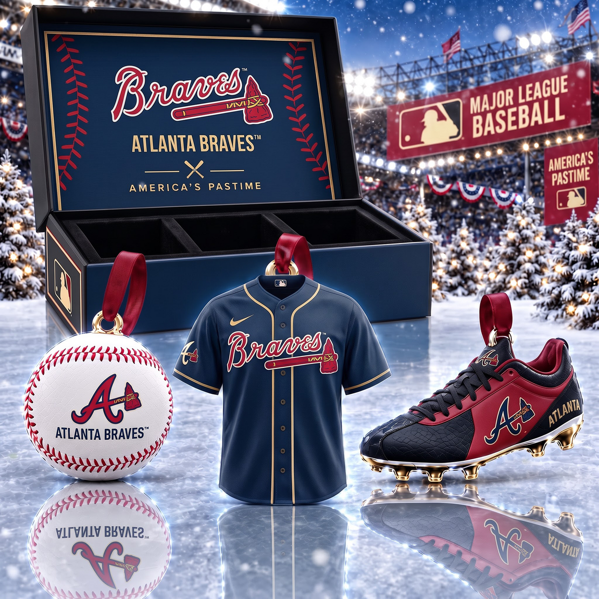 ATL X MLB Holiday Collector Ornament Box - 3-Piece Baseball Ornament Set