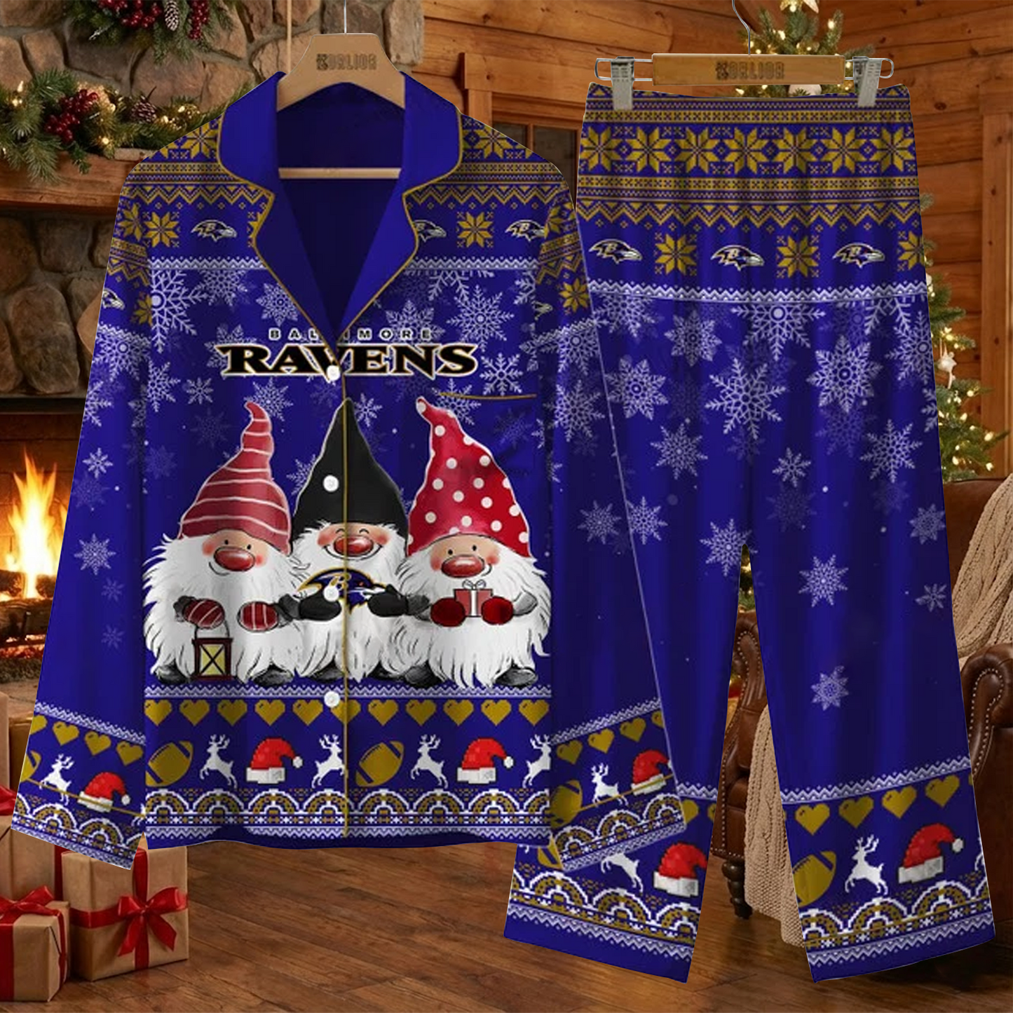 BAL X NFL Unique 3 Gnomes Art Design For The 2025 Holiday Season Satin Pajamas Set