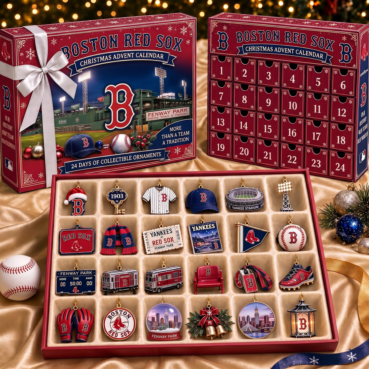 BOS X MLB Team Christmas Advent Calendar Box - 24 Days Countdown Tree Ornaments Gift Set