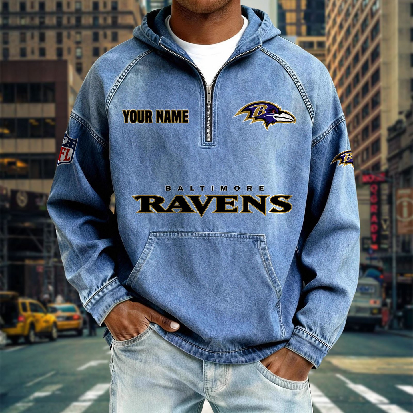 BR x NFL Denim Long - Sleeved Hooded Sweatshirt DDT NTL