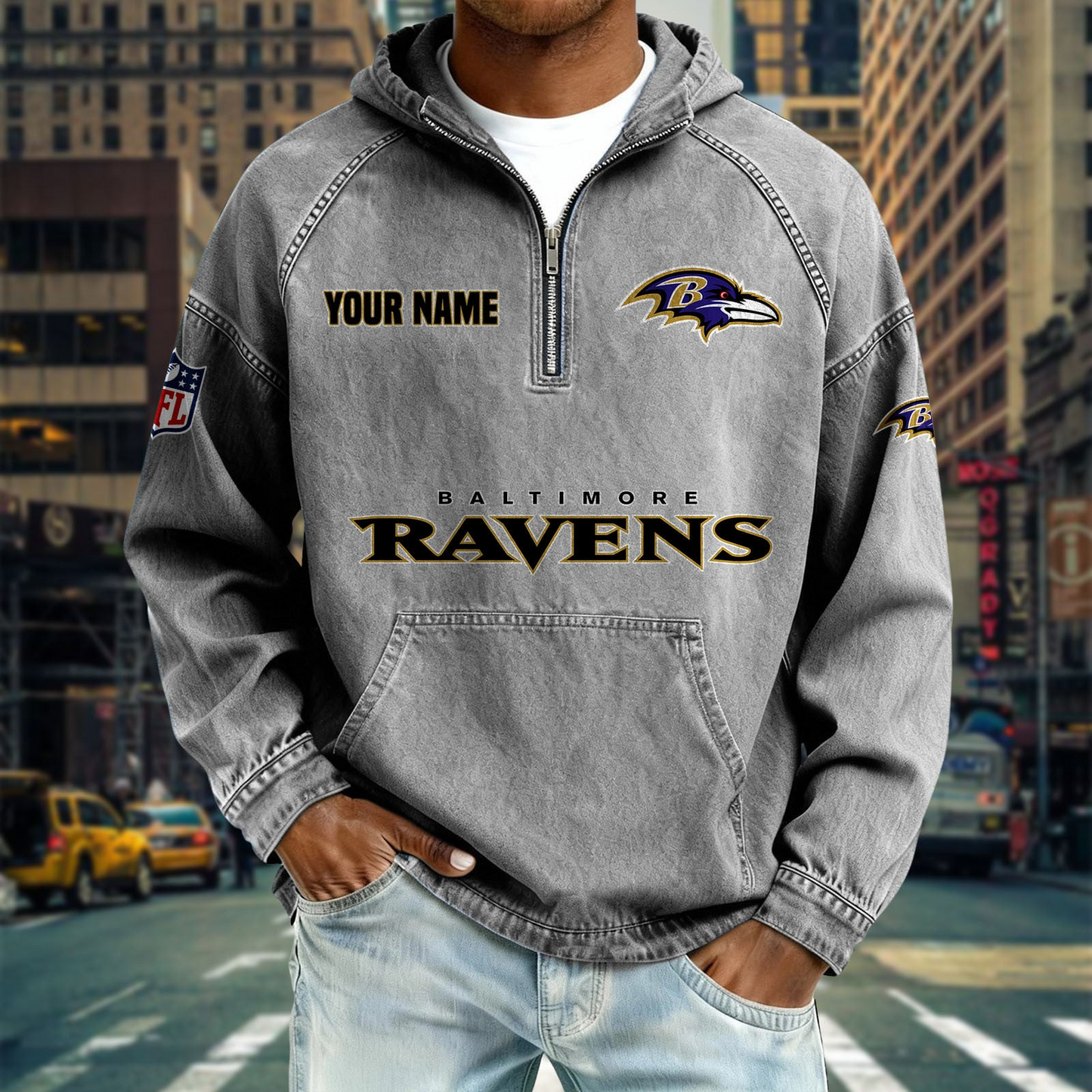 BR x NFL Denim Long - Sleeved Hooded Sweatshirt DDT NTL