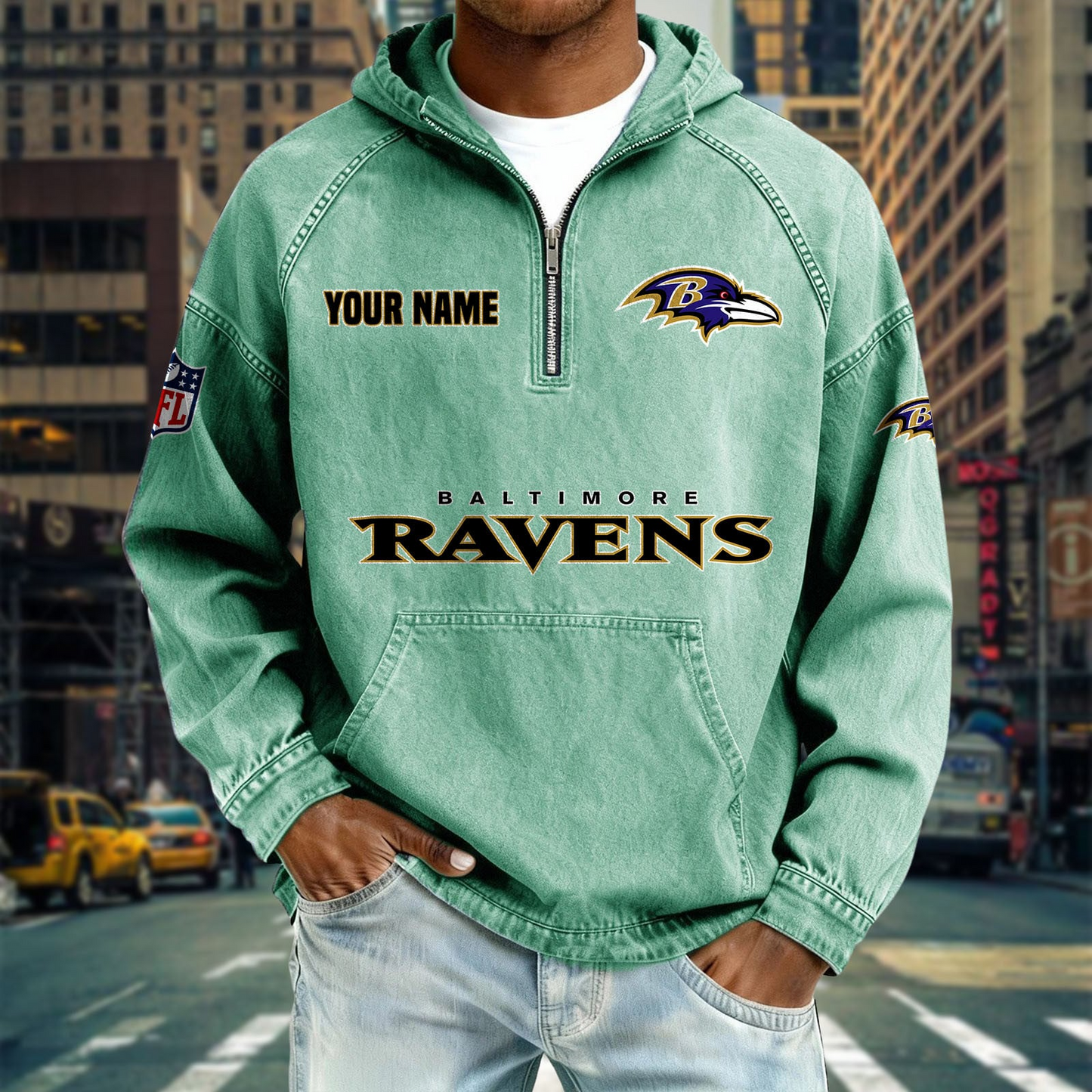 BR x NFL Denim Long - Sleeved Hooded Sweatshirt DDT NTL