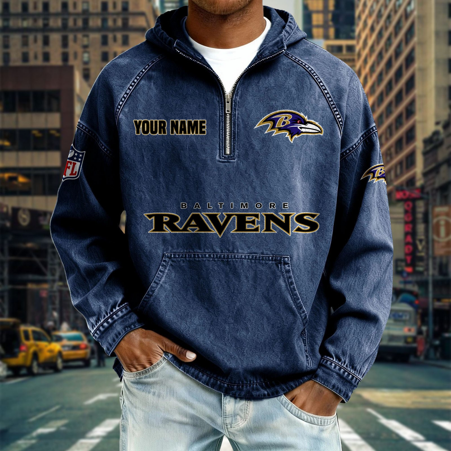 BR x NFL Denim Long - Sleeved Hooded Sweatshirt DDT NTL