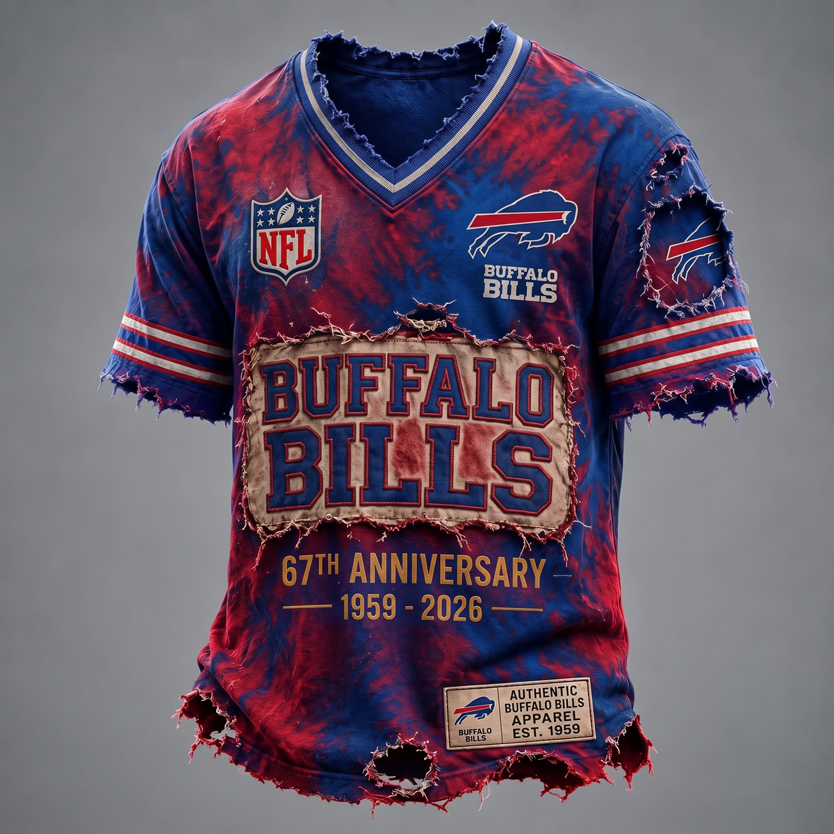 BUF X Custom Football Fan Distressed V-Neck Shirt