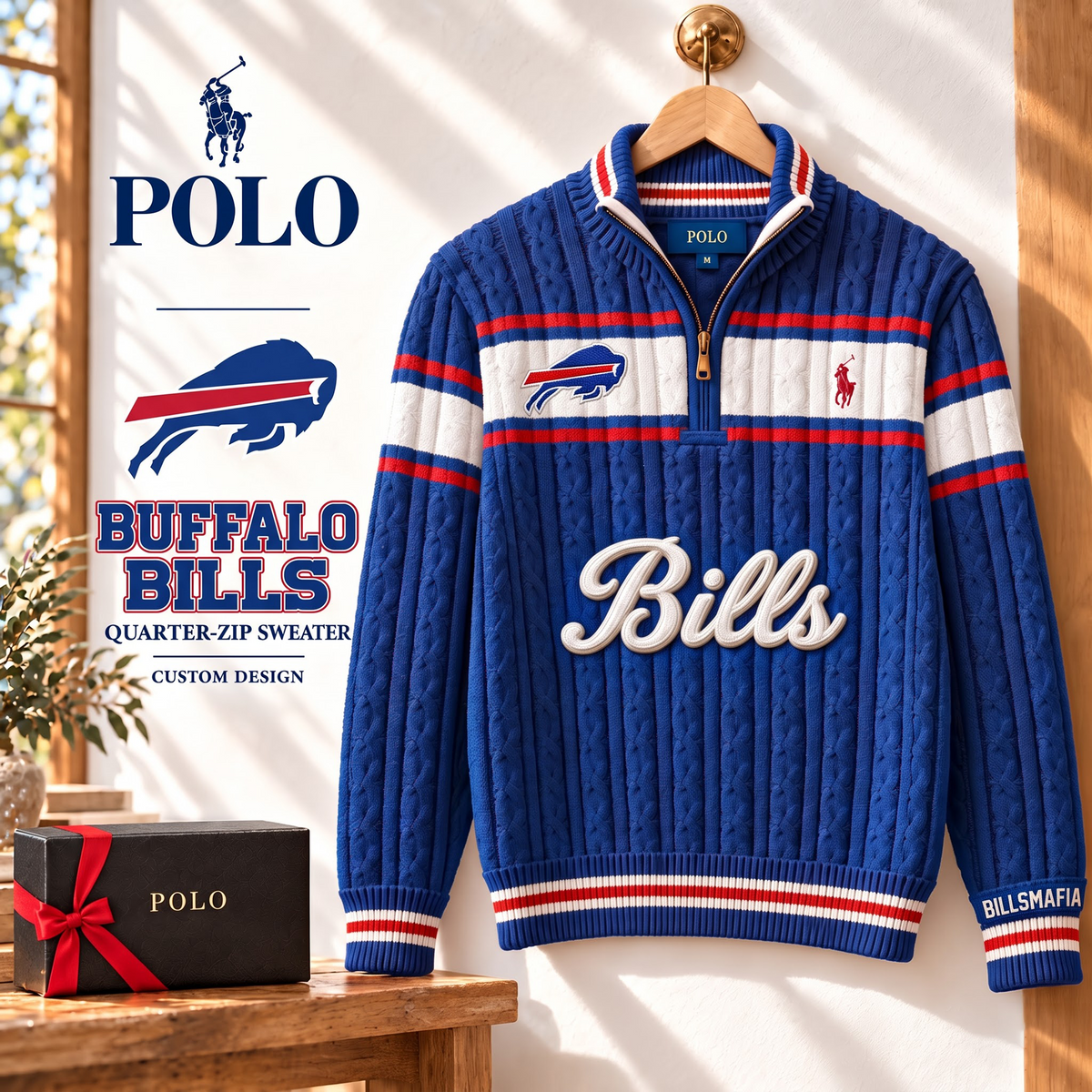 BUF X PREMIUM NFL Varsity Cable-Knit Quarter-Zip Sweater