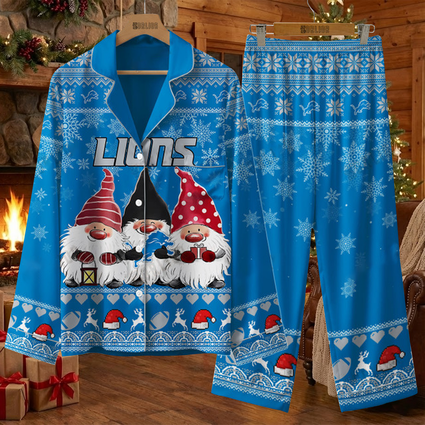 DET X NFL Unique 3 Gnomes Art Design For The 2025 Holiday Season Satin Pajamas Set