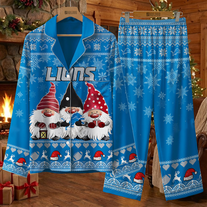 DET X NFL Unique 3 Gnomes Art Design For The 2025 Holiday Season Satin Pajamas Set