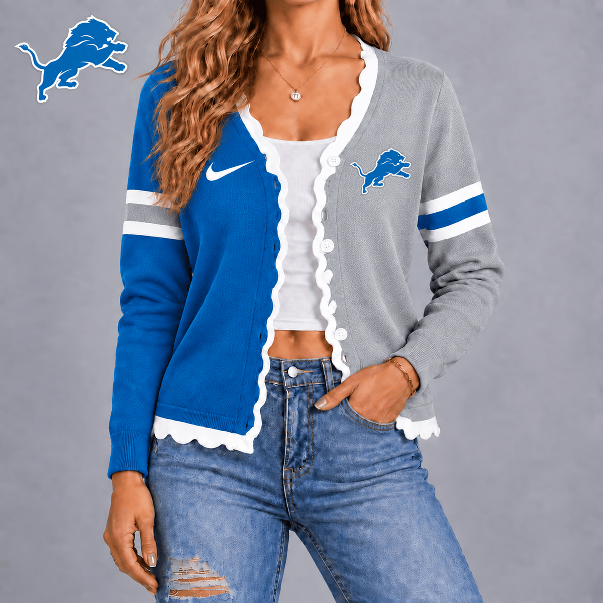DET X Premium NFL Varsity Stripe Button Cardigan