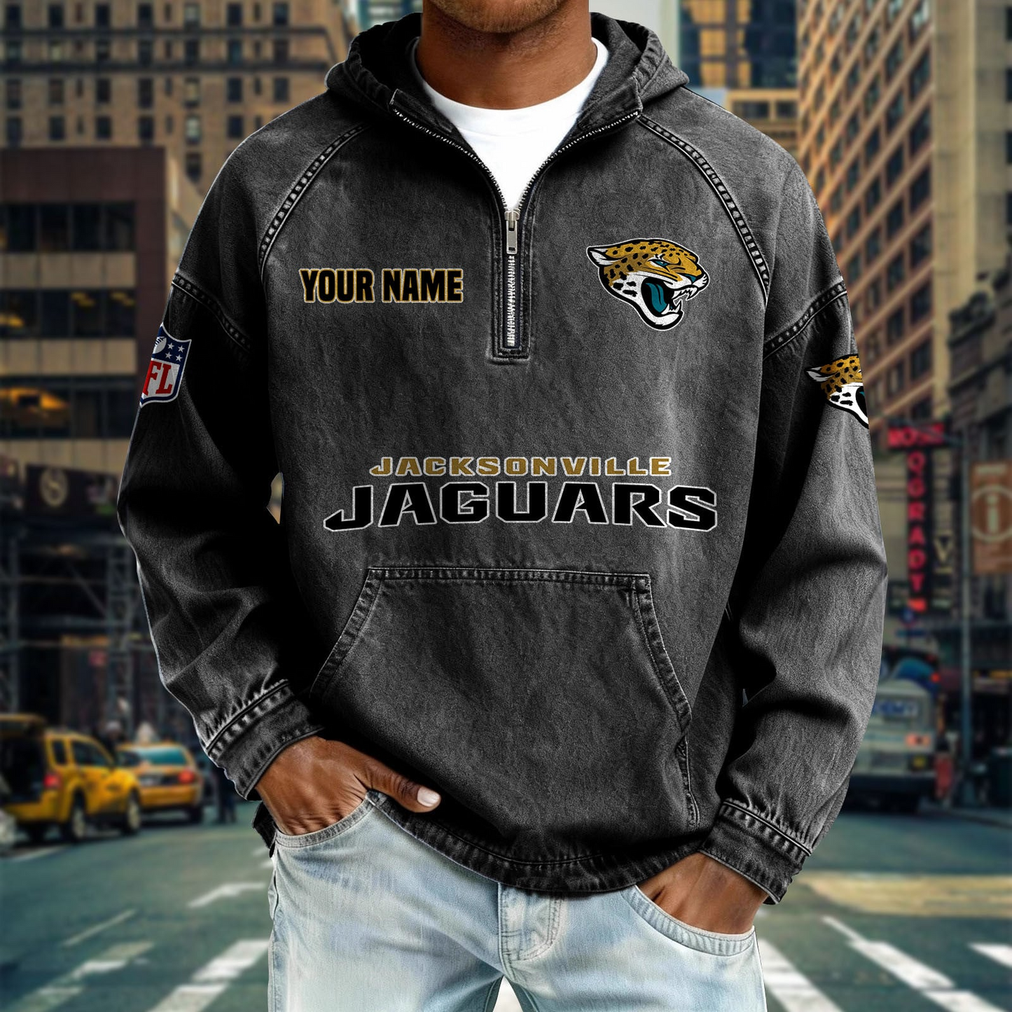 JJ x NFL Denim Long - Sleeved Hooded Sweatshirt DDT NTL