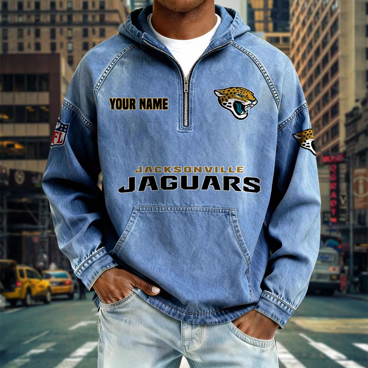 JJ x NFL Denim Long - Sleeved Hooded Sweatshirt DDT NTL