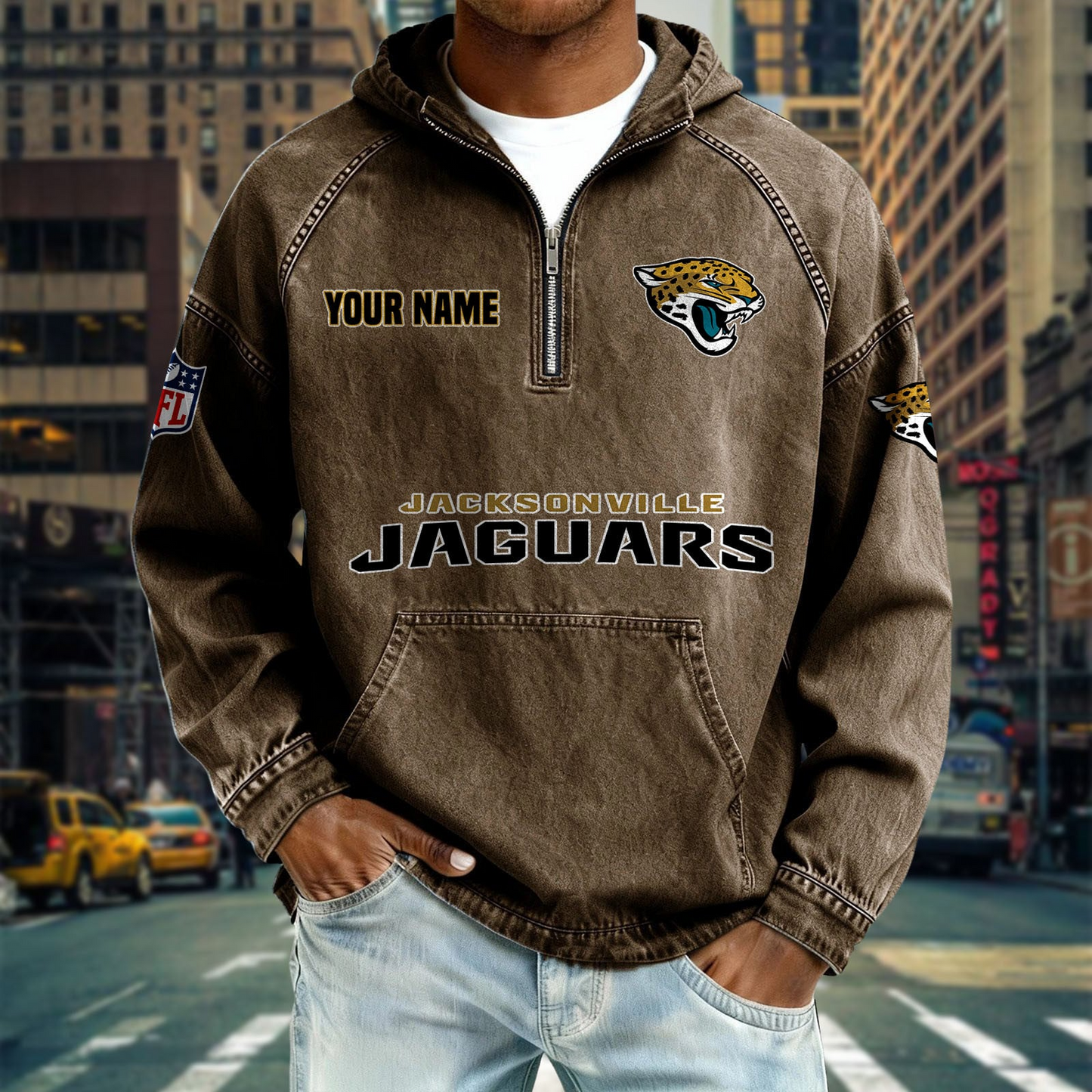 JJ x NFL Denim Long - Sleeved Hooded Sweatshirt DDT NTL