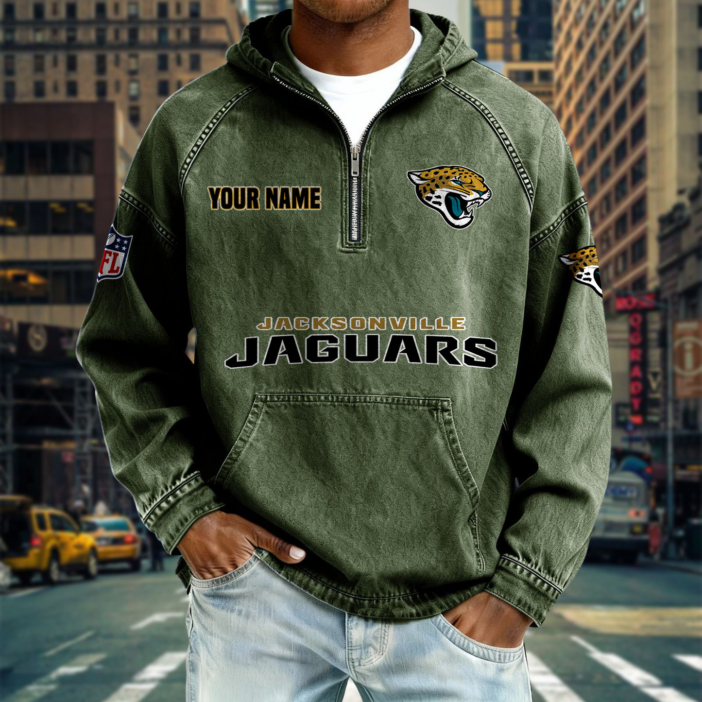 JJ x NFL Denim Long - Sleeved Hooded Sweatshirt DDT NTL