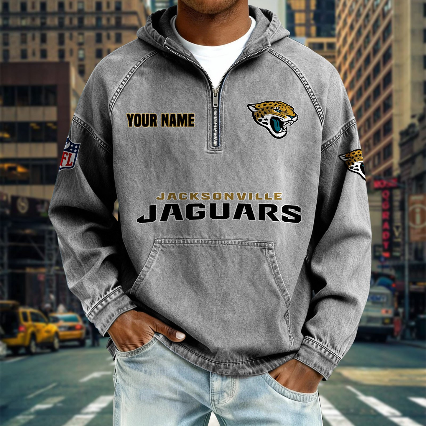 JJ x NFL Denim Long - Sleeved Hooded Sweatshirt DDT NTL