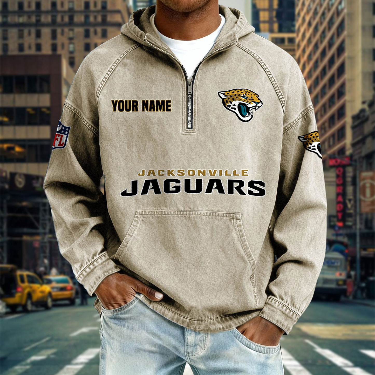 JJ x NFL Denim Long - Sleeved Hooded Sweatshirt DDT NTL