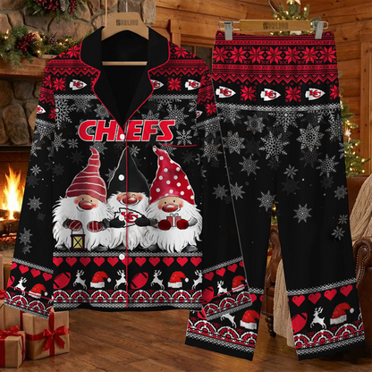 KC X NFL Unique 3 Gnomes Art Design For The 2025 Holiday Season Satin Pajamas Set