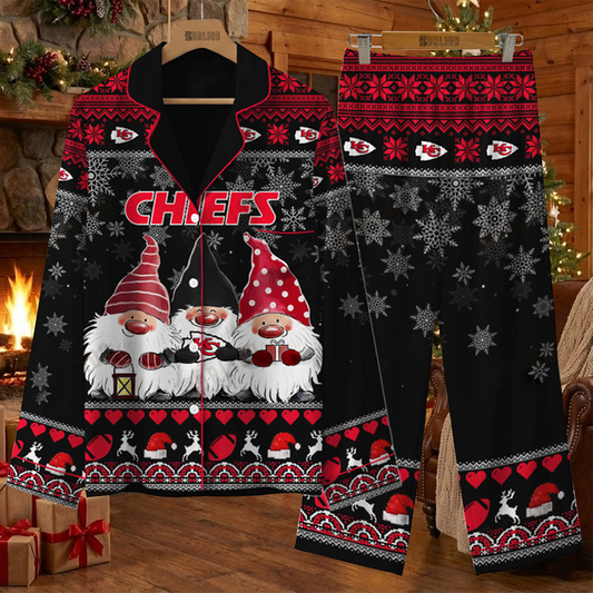 KC X NFL Unique 3 Gnomes Art Design For The 2025 Holiday Season Satin Pajamas Set