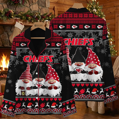 KC X NFL Unique 3 Gnomes Art Design For The 2025 Holiday Season Satin Pajamas Set