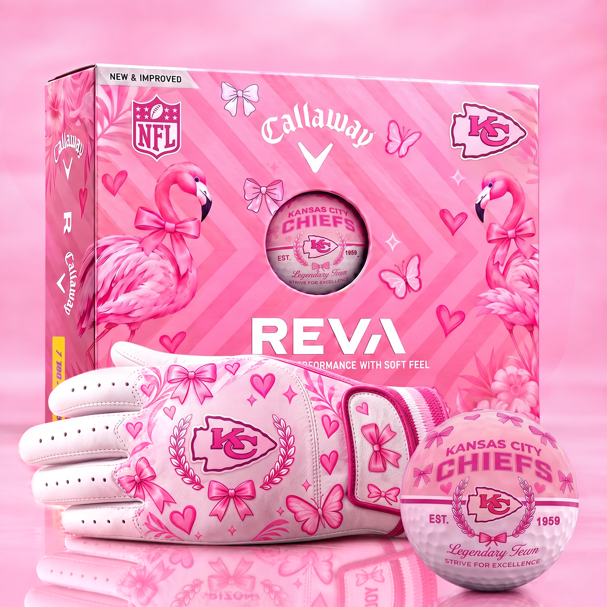 KCC x NFL Pink Coquette Ladies Golf Balls & Glove Gift Box Set – Callaway REVA Edition