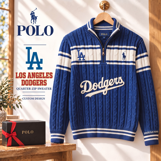 LAD x PREMIUM MLB Varsity Cable-Knit Quarter-Zip Sweater