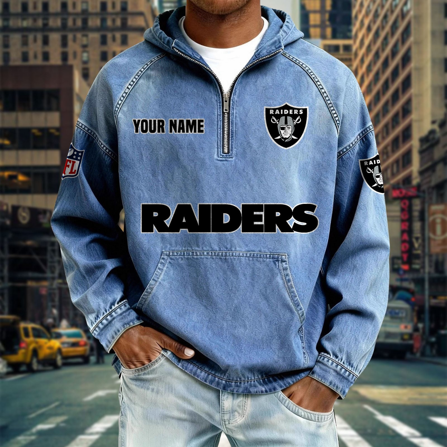 LVR x NFL Denim Long - Sleeved Hooded Sweatshirt DDT NTL