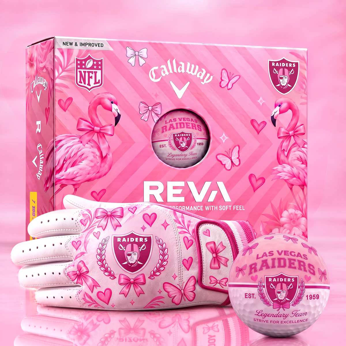 LVR x NFL Pink Coquette Ladies Golf Balls & Glove Gift Box Set – Callaway REVA Edition